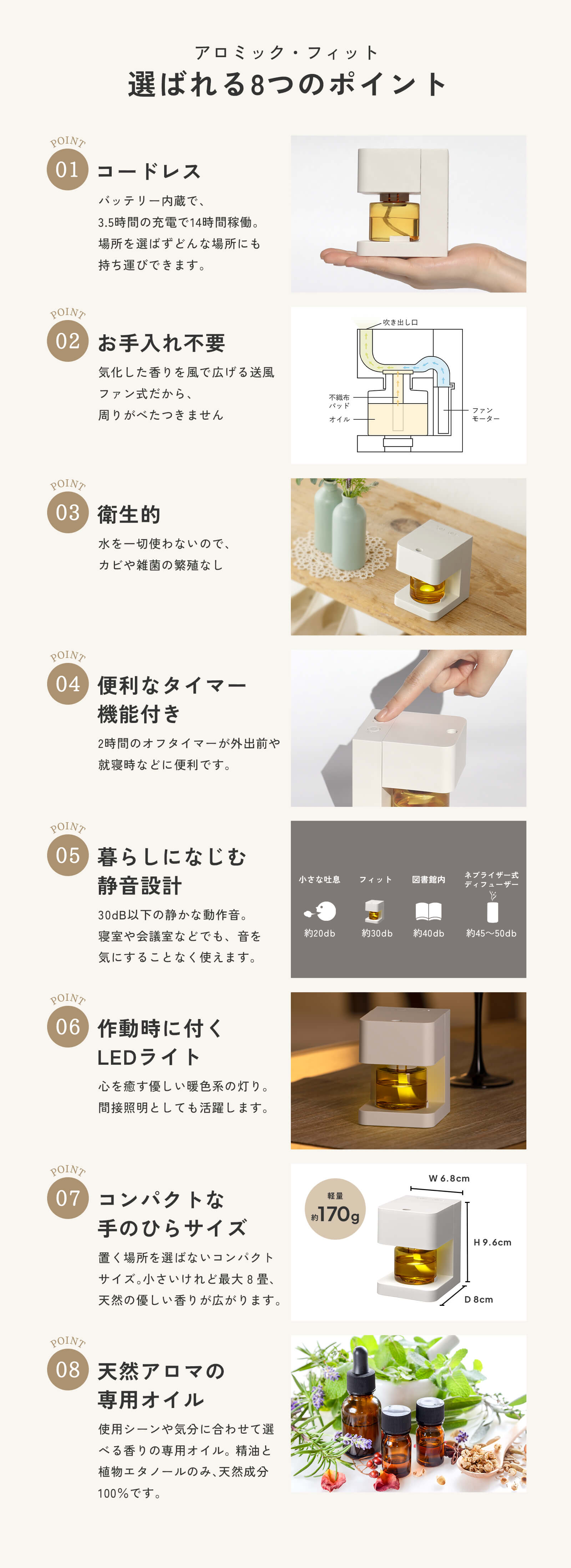 アロミック・フィット、選ばれる8つのポイント。1.コードレス。バッテリー内蔵で、3.5時間の充電で14時間稼働。場所を選ばずどんな場所にも持ち運びできます。2.お手入れ不要。気化した香りを風で広げる送風ファン式だから、周りがべたつきません。3.衛生的。水を一切使わないので、カビや雑菌の繁殖なし。4.便利なタイマー機能付き。2時間のオフタイマーが外出前や就寝時などに便利です。5.暮らしになじむ静音設計。30dB以下の静かな動作音。寝室や会議室などでも、音を気にすることなく使えます。6.作動時に付くLEDライト。心を癒す優しい暖色系の灯り。間接照明としても活躍します。7.コンパクトな手のひらサイズ。置く場所を選ばないコンパクトサイズ。小さいけれど最大8畳、天然の優しい香りが広がります。8.天然アロマの専用オイル。使用シーンや気分に合わせて選べ