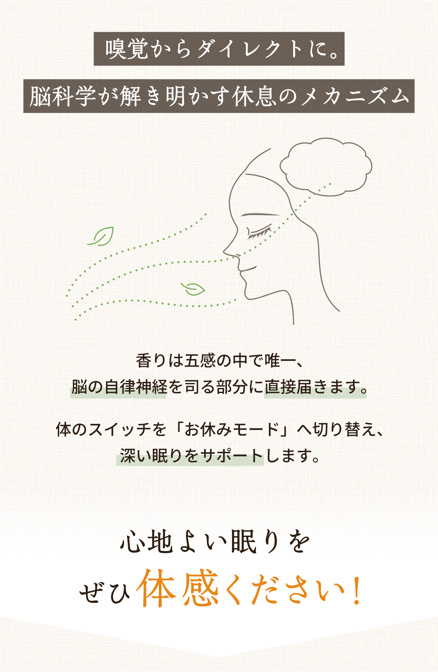 嗅覚からダイレクトに。脳科学が解き明かす休息のメカニズム 香りは五感の中で唯一、脳の自律神経を司る部分に直接届きます。 体のスイッチを「お休みモード」へ切り替え、深い眠りをサポートします。 心地よい眠りを ぜひ体感ください！