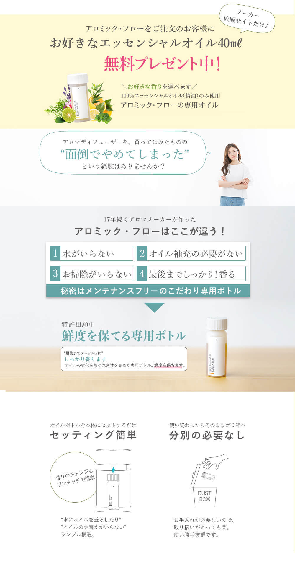 アロミック・フローはここが違う！鮮度を保てる専用ボトルで新鮮な香りがずっと続く。マグネット式の着脱でセッティングも簡単。水を使わないので衛生的。